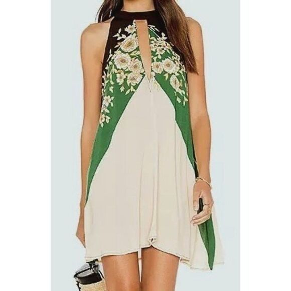 Free People Trapeze High Tie Neck Open V Mini Dress Top Multicolor Floral XS NEW - Picture 10 of 10